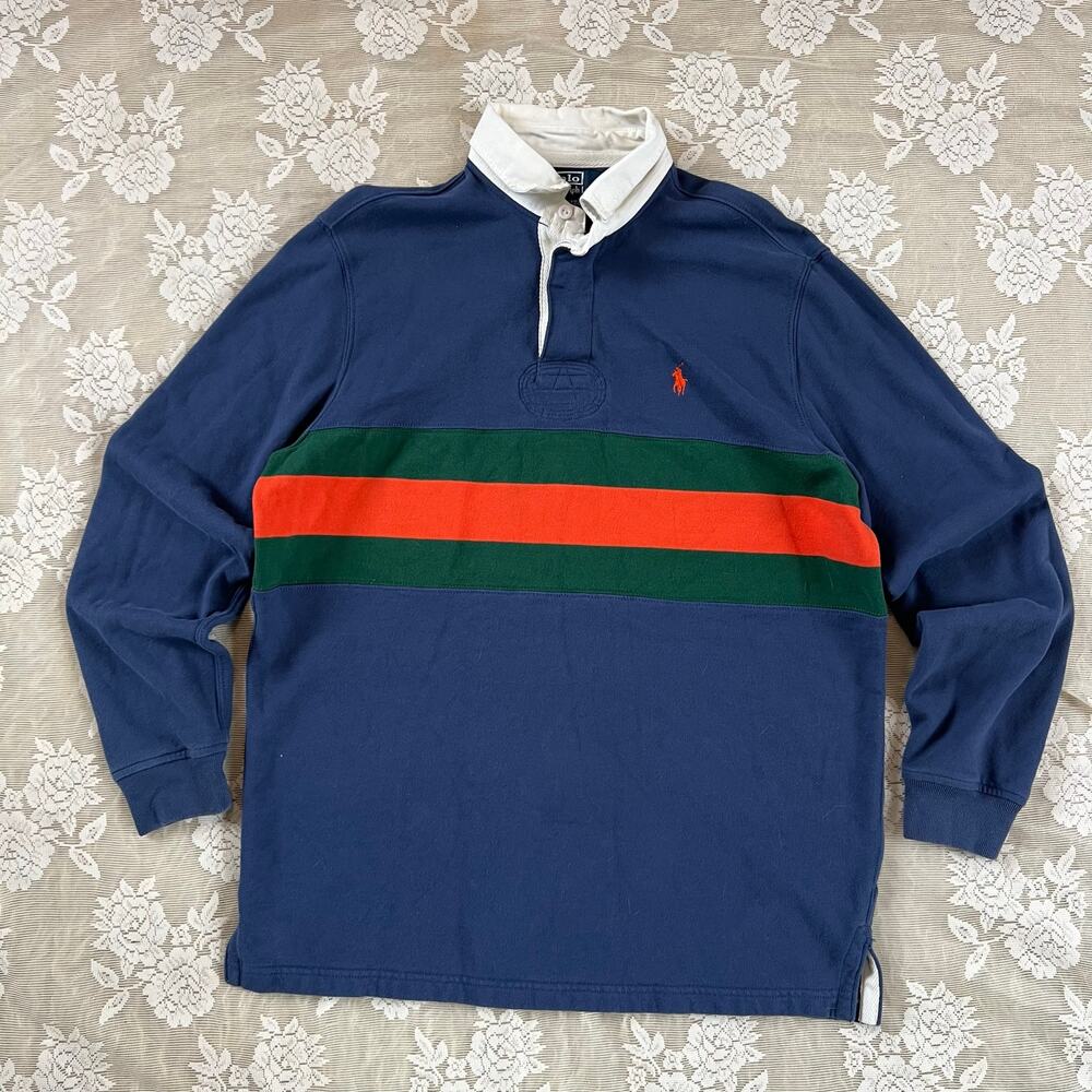 Vintage Polo Ralph Lauren Navy Green Orange Striped Rugby Shirt M